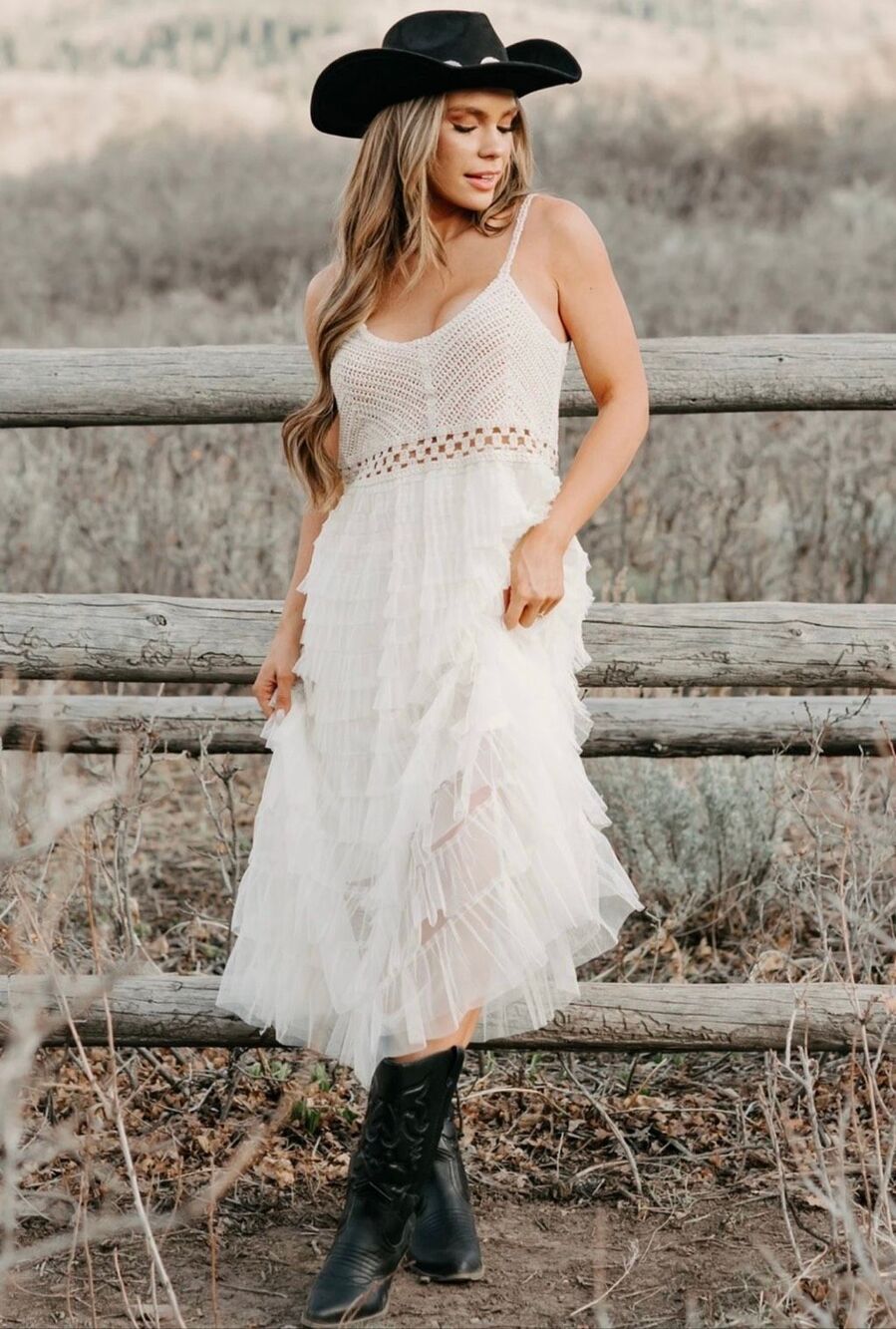 POL Crochet Lace Tiered Midi Dress | Boho Ivory Ruffle | Western Festival | O/S - Picture 3 of 14